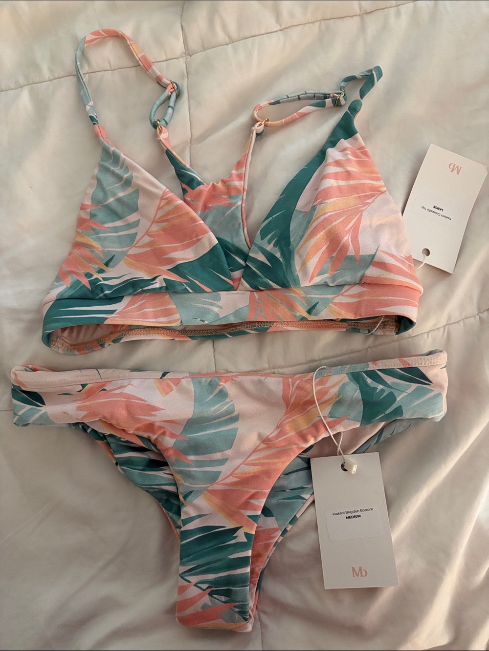 Midori Tropical Leaf Print Bikini in Teal and Coral L top M bottoms